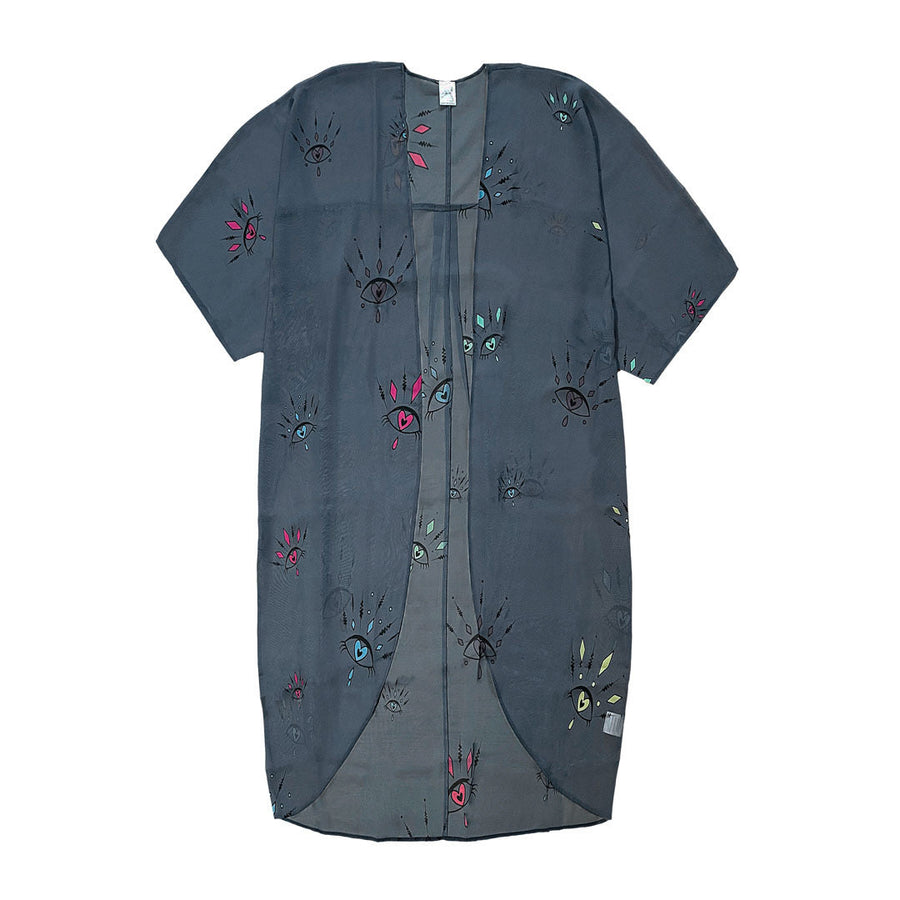 #Breeze - Mørkegrå Kimono Med Extra Large  Øjne Mønster I Farver One Size Kimono