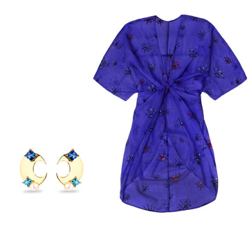 Mørkeblå Kimono med øje mønster og #BlueMoon øreringesæt 2 PAK - #MoonBreeze - One Size - SPAR 149 KR!