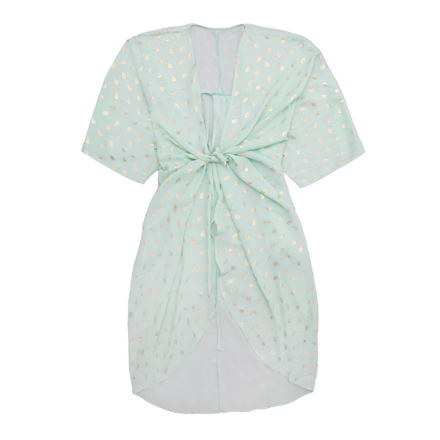 Breeze - grøn sommer Kimono med fjerprint i guld - One Size. Designet af Szhirley