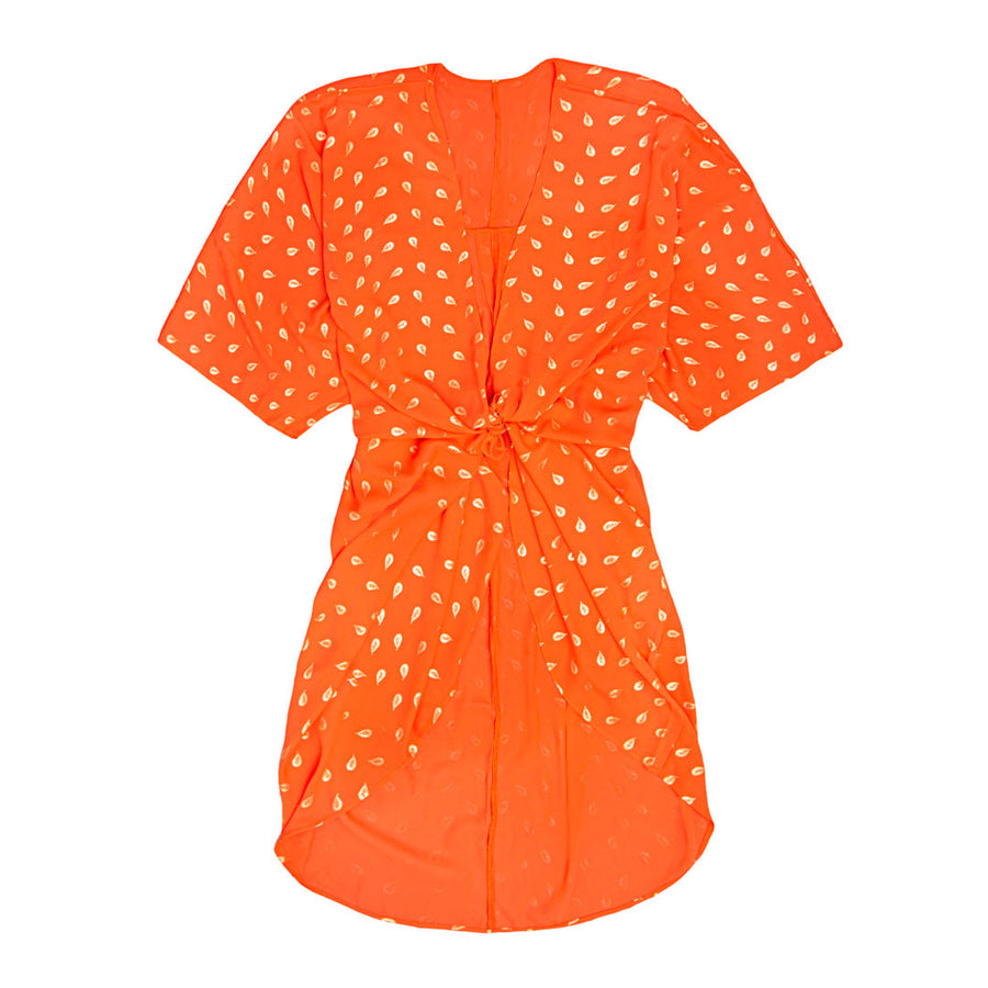 #Breeze - Kimono i blodappelsin farve med fjerprint i guld - One Size. Designet af Szhirley 