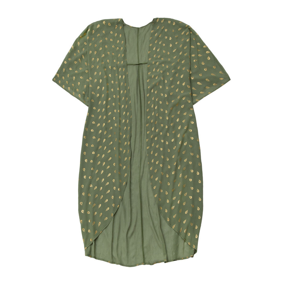 Breeze - Mørkegrøn Kimono med fjerprint i guld - One Size - Designet af Szhirley. Dansk design